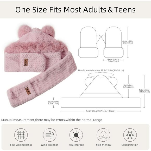 Women\'s Pink Hooded Scarf Cute Bear Ear Hat Faux Fur Gloves Set Soft main image 4
